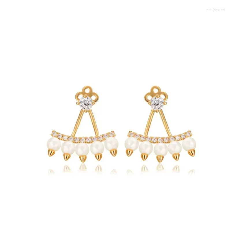Stud Earrings Gold Color Peacock Five Row Pearl Zircon For Women Front And Back Party Jewelry Bijoux Double Side Ear Jacket