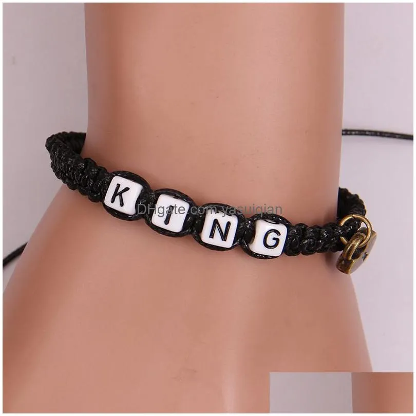 Charm Bracelets 2Pcs/Lot Her King And His Queen Couple For Women Men Vintage Key Lock Braided Rope Wrap Bangle Fashion Lovers Jewelry Dhuvq