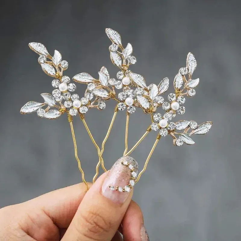 Hair Clips 3pcs/set Pearl Wedding Pins Crystal Rhinestone Bride Accessories Bridal Leaves Flower Hairpins Sticks