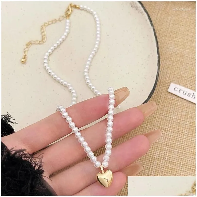 Pendant Necklaces Elegant White Imitation Pearl Bead Necklace For Women Crystal Golden Heart Sweet Wedding Party Jewelry Collier Femme