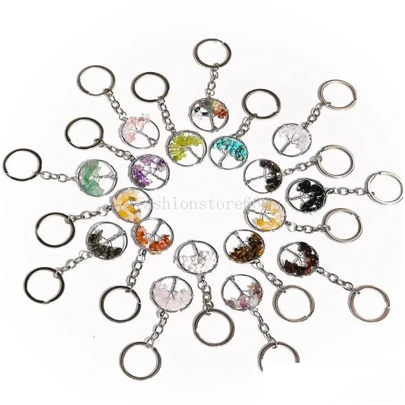 Natural Chip Stone Bead 30mm Round Tree of Life Keychains Bag Car Key Chain Pendant Key Rings