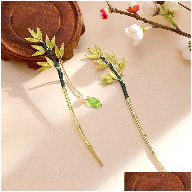 Hair Clips Green Bamboo Leaf Tassel Stick For Women Alloy Vintage Pin Elegant Chinese Style Accessories