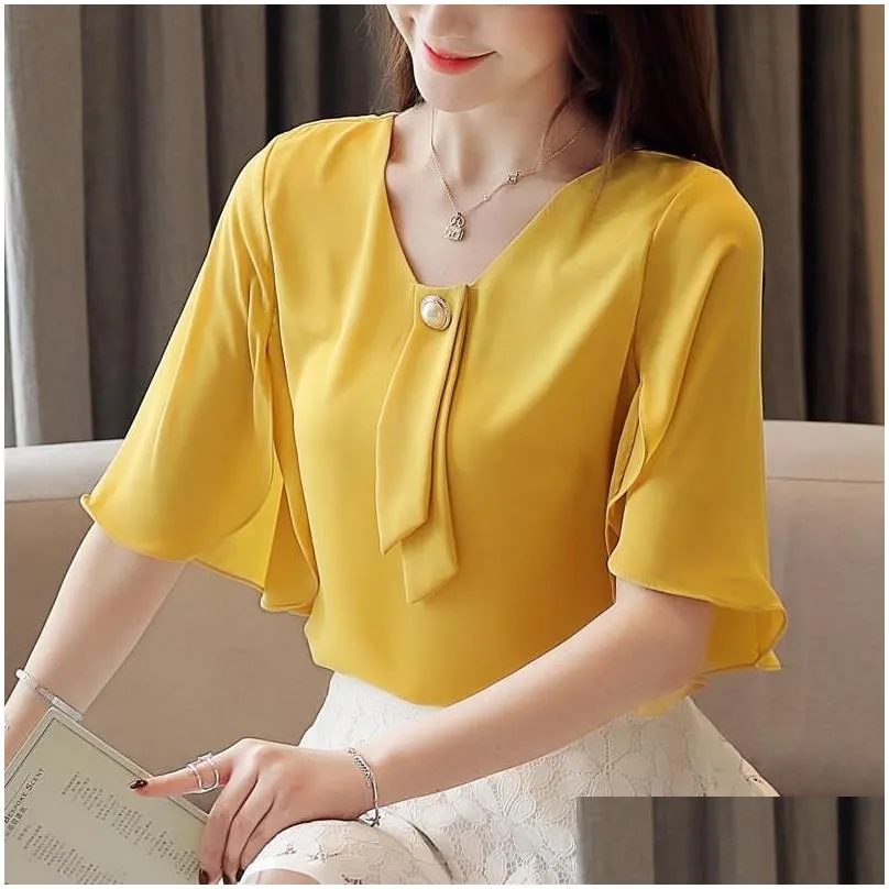 Women`S Blouses & Shirts Womens Spring Summer Style Chiffon Blouse Shirt Elegant V-Neck Ruffles Solid Color Short Sleeve Temperament Dhncq