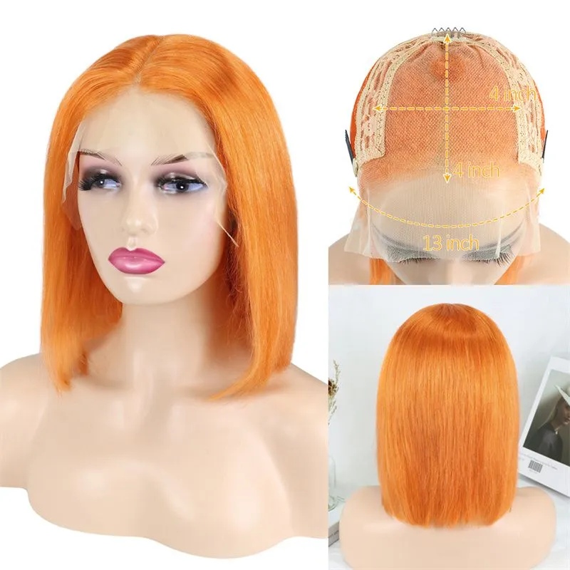 Orange Colored Lace Front 100% Human Hair Wigs Pre Plucked Straight Short Bob Wig for Black Women