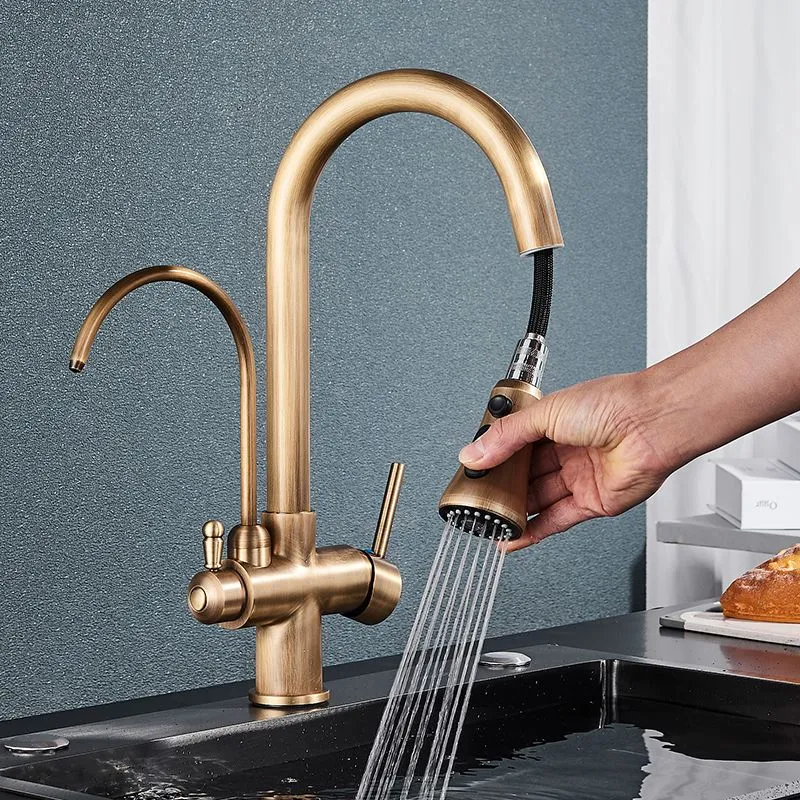 Bathroom Sink Faucets Antique Brass Filtered Faucet Kitchen Pull Out 360 Rotation Water Filter Tap 3 in 1 Kitchen Sink Mixer Purification Water Mixer