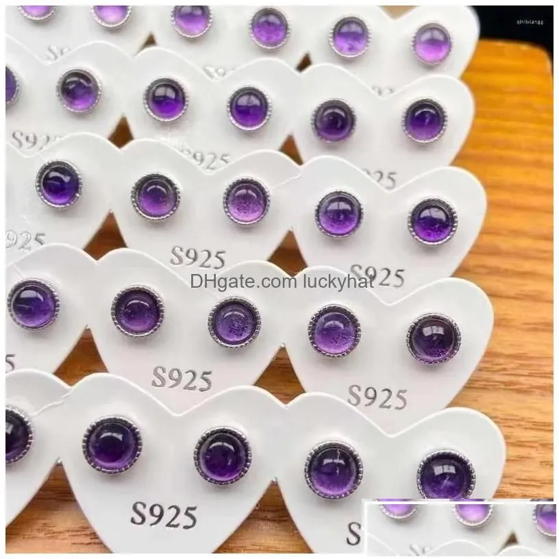 Stud Earrings 1 Pair Natural Amethyst Round For Women Healing Crystal Gem Elegant Party Jewelry Gift Drop Delivery Dh8Mb