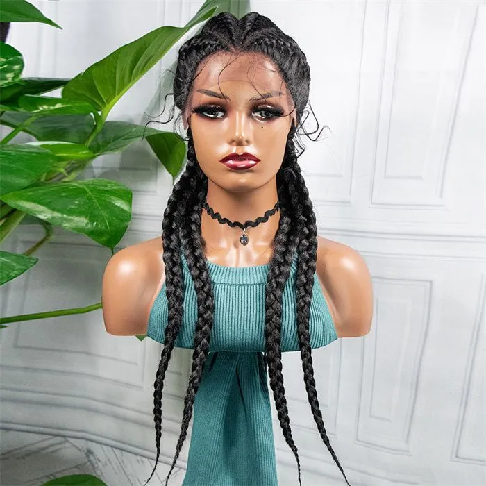 Synthetic 28 Inches Lace Front Hair Wig Black Long For African Woman Afro Frontal Cornrow Twist Boxing Braided Wigs