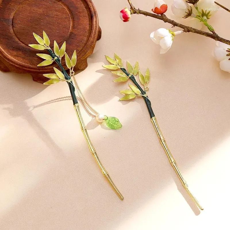 Hair Clips Green Bamboo Leaf Tassel Stick For Women Alloy Vintage Pin Elegant Chinese Style Accessories