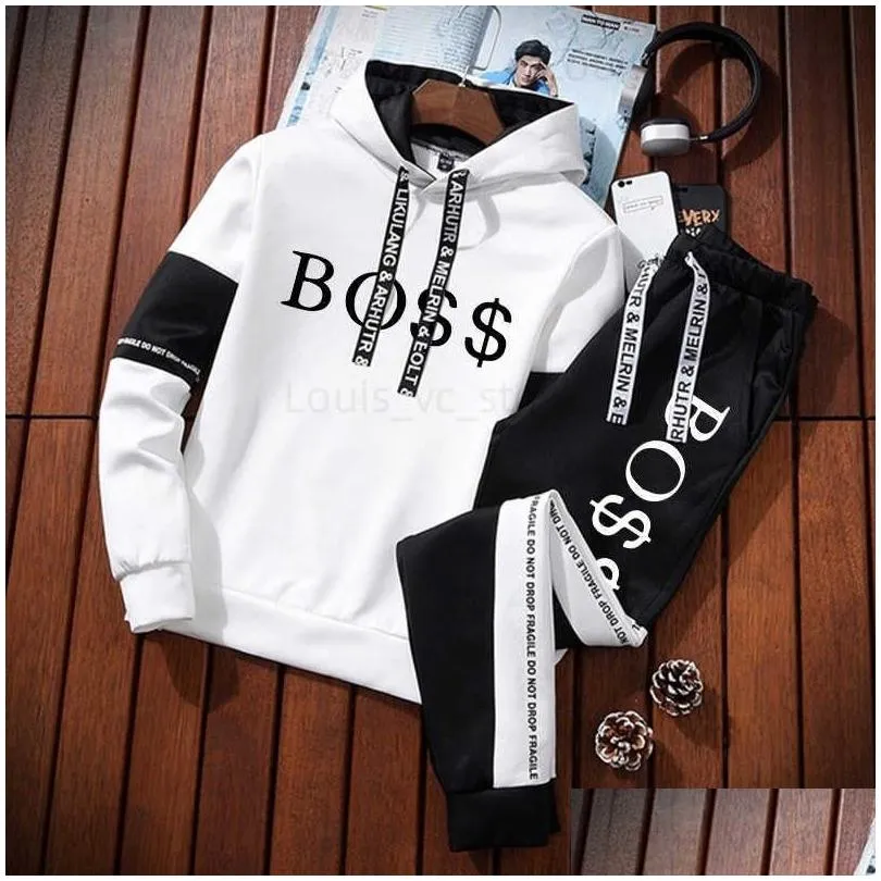 Men`s Tracksuits 2023 New Autumn and Winter Men`s Clothing Hoodies+Trousers Two Piece Set Letter Printing Tracksuit Sweatshirt Jogging Sweatpants