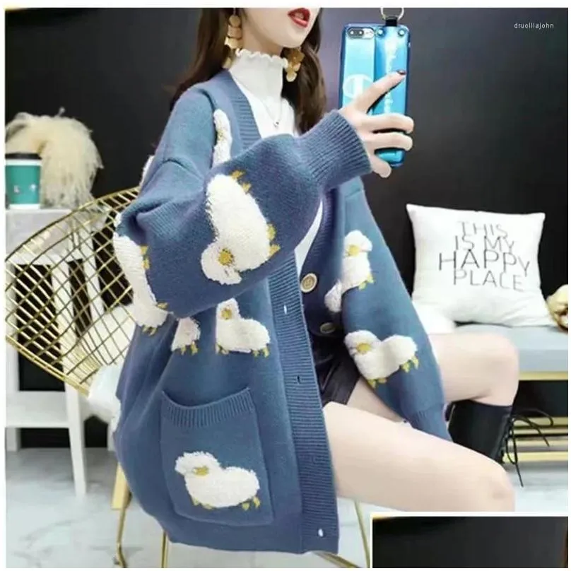 Women`S Knits & Tees Womens Korean Cartoon Cute Sweater Jacket Autumn Winter 2024 Elegant Loose Versatile Thickened Knit Cardigan Drop Ot3Wq