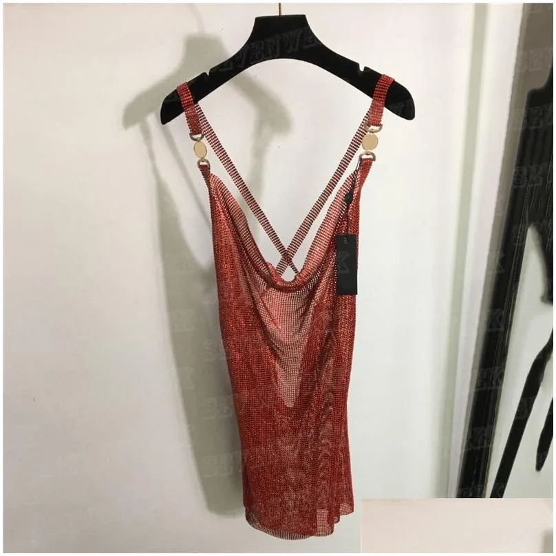 Shiny Rhinestone Mesh Sling Dresses For Women Luxury Sexy Hollow Party Nightclub Skirts Metal Shoulder Buckle Dress