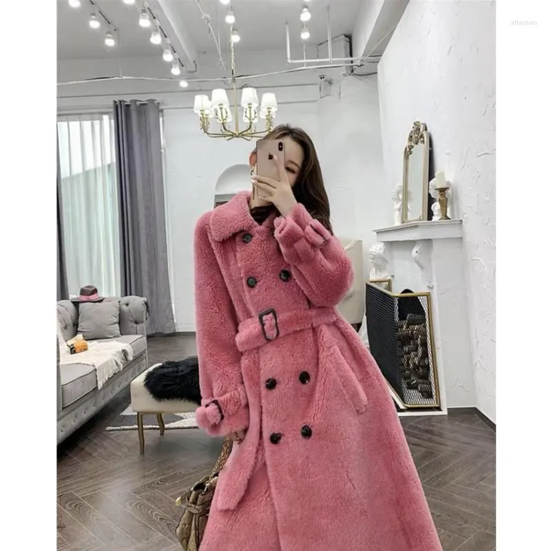 Women`s Fur 2022 Fashion Winter Women Fleece Wool Coats Ladies Elegant Double Breasted Warm Shearling Female Casual Lambskin Outwear