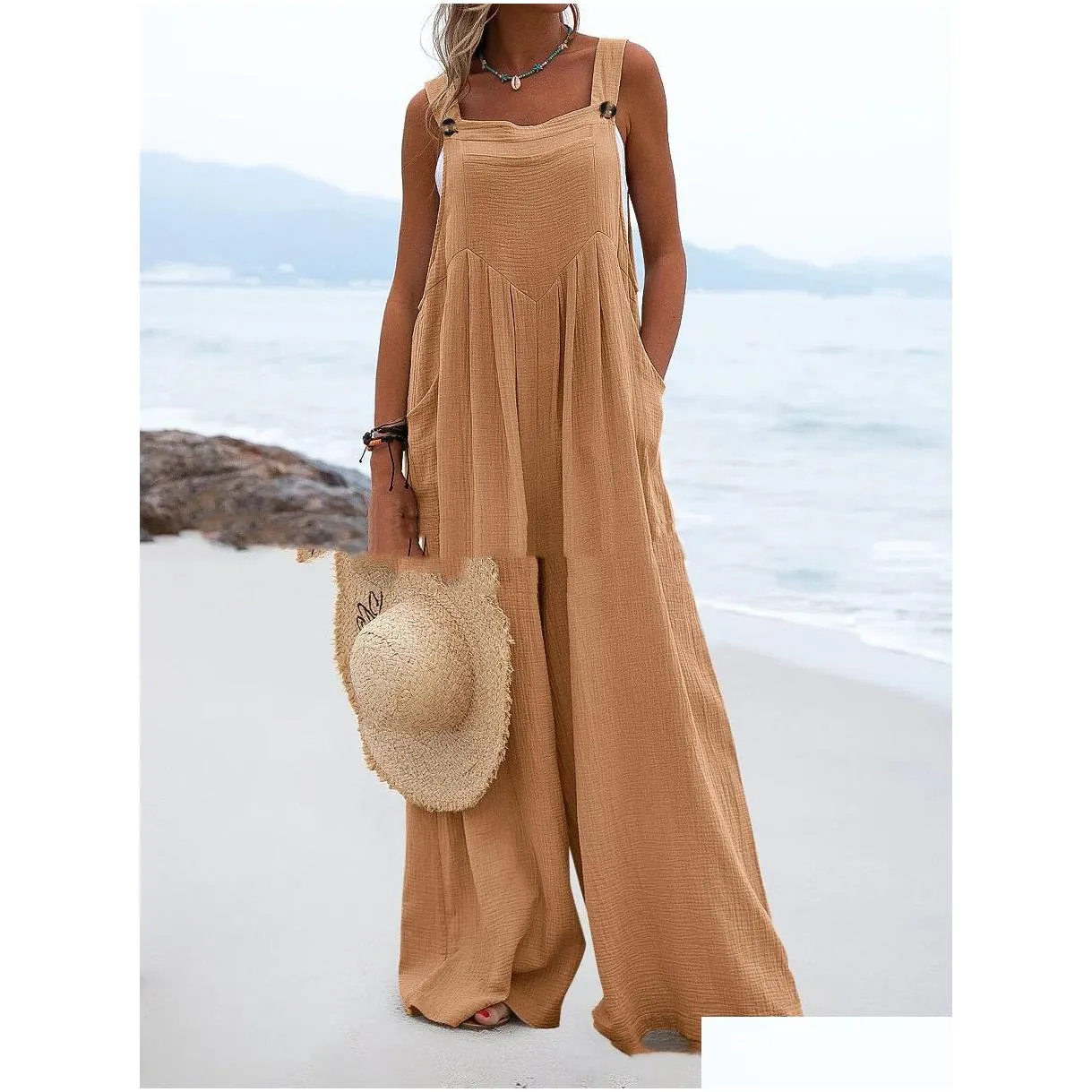 Women`S Jumpsuits & Rompers Designer New Woman Solid Strap Wide Leg Pants Pockets Romper Casual Summer Sleeveless Fashion Loose Dunga Dhkct