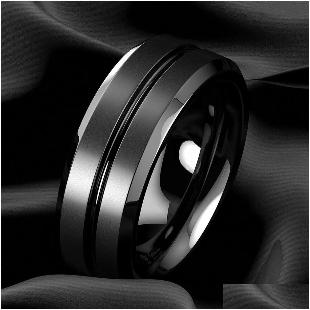 Band Rings Exquisite 8Mm Mens Jewelry Tungsten Carbide Ring Black Groove Matte Stainless Steel Wedding Engagement Party Anniversary S Dhkla