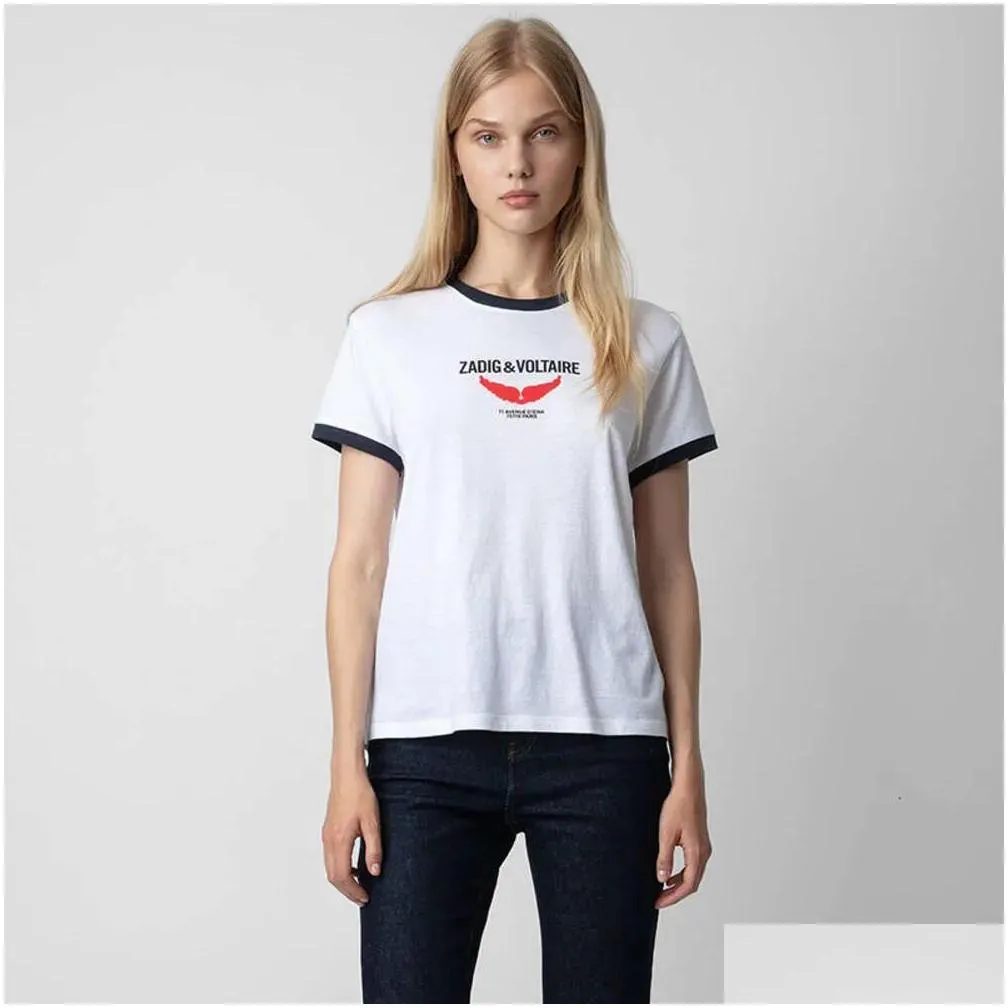 Women`S T-Shirt 24Ss Zadig Voltaire New Niche Designer Plover T Shirt Vintage Print Wings Diamond Wash Water Stir Fry Color Cotton Tee Otcwg