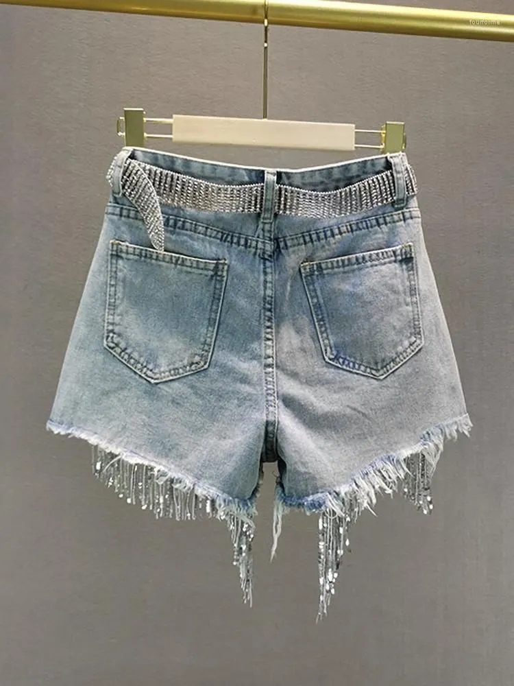 Women`s Jeans 2023 Spring Summer Denim Shorts For Women European High Waist Slim Bottom Ripped Beaded Fringed Wide Leg Short Pants