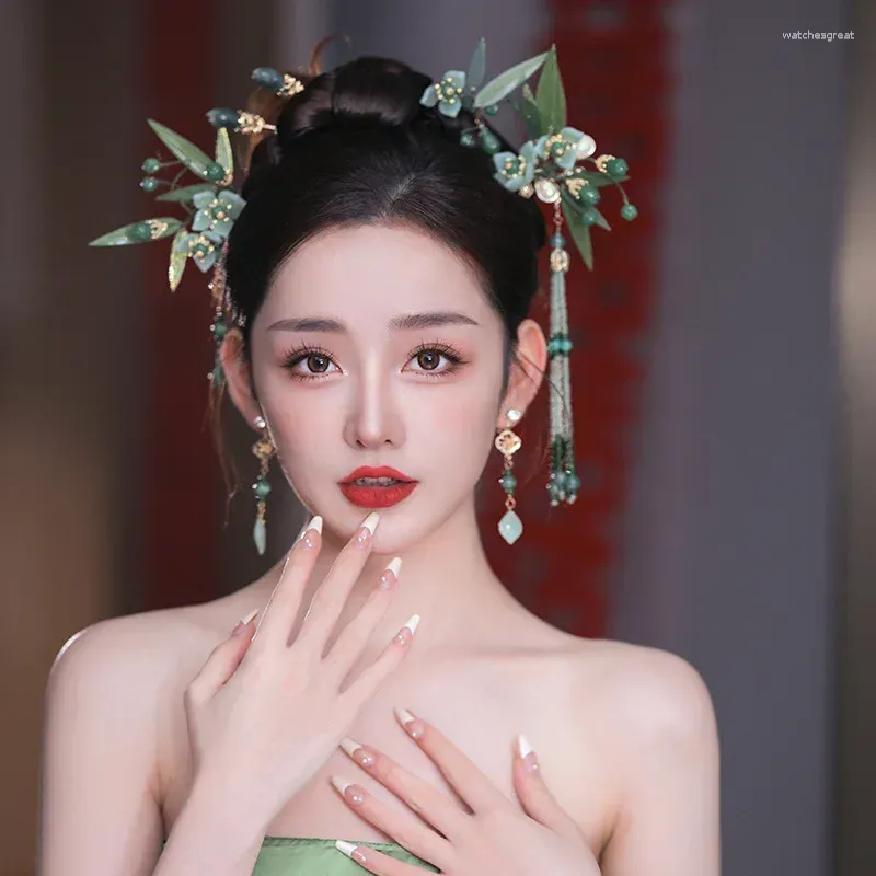 Hair Clips Chinese Bride Handmade Emerald Green Bamboo Leaf Han Costume Hairpins Wedding Accessories