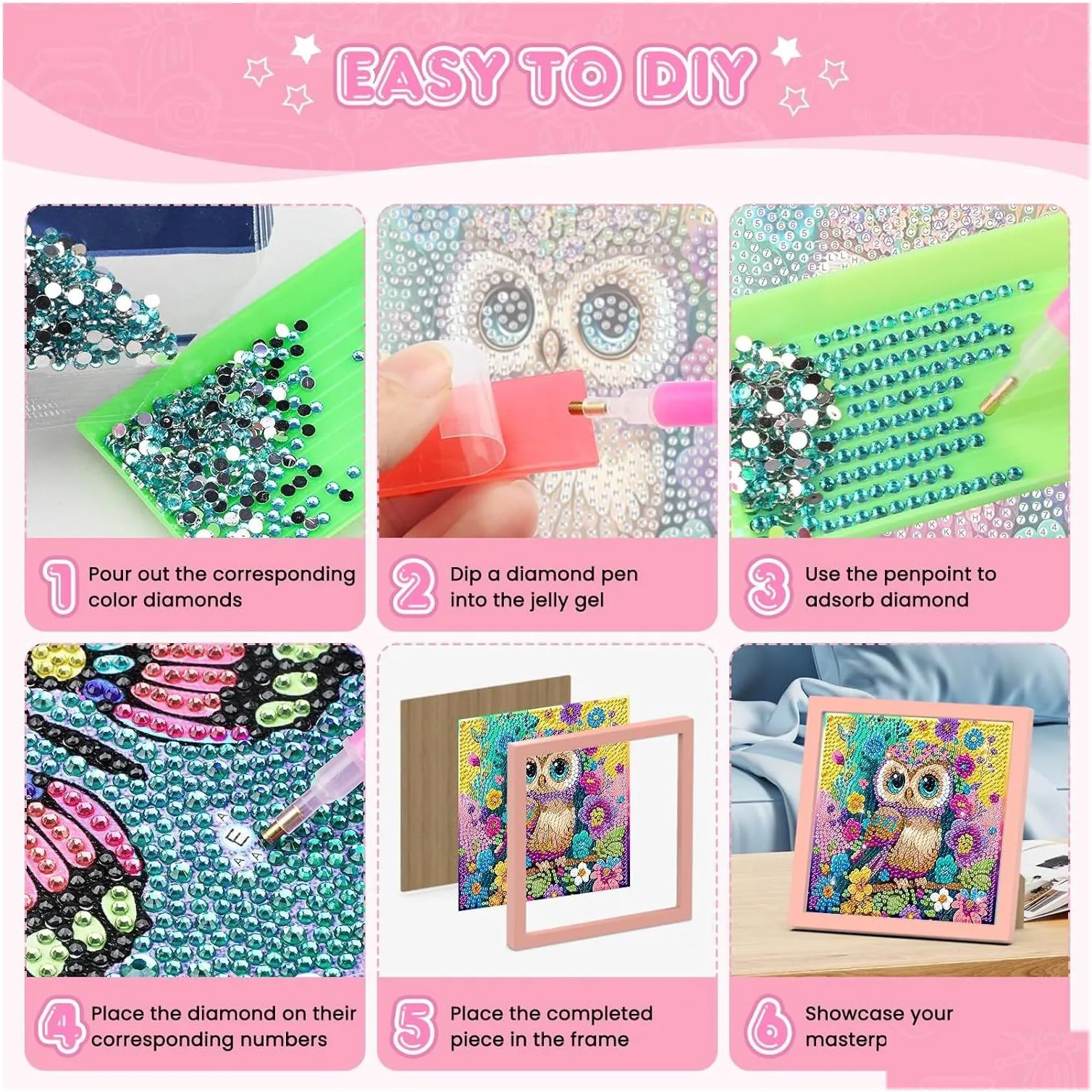 Other Arts And Crafts Owl Diamond Painting Kits For Kids With Frame Diy Easy Gem Art Kit Girls Boys Adt Beginners Drop Delivery Home G Ot0E5