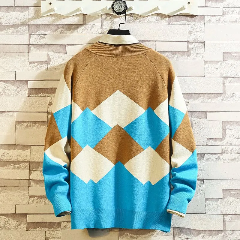 2019 UYUK Autumn/winter New Japanese Trend Men`s Sweater Patchwork Lozenge Casual Temperament Pullover Clothes Hombre