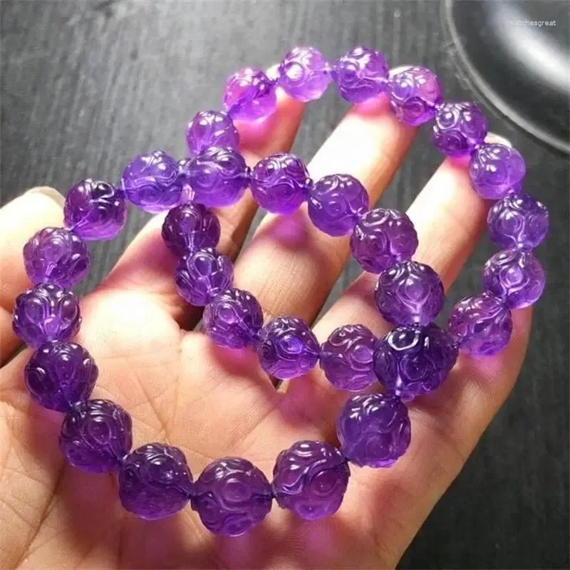 Strand Natural Amethyst Lotus Bracelet Charm Crystal Fashion Women And Men Yoga Healing Jewelry Gift 12mm