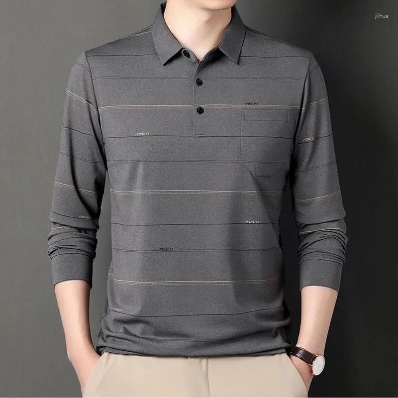 Men`s Polos Striped Polo Shirts Luxury Long Sleeve Spring And Autumn Solid Color Business Casual Male 3XL