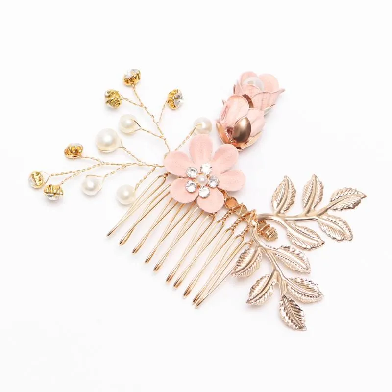 Hair Clips & Barrettes Sweet Bridal Wedding Pins Luxury Blue Pink Flower Combs Headdress Prom Accessories Gold Leaves JewelryHair