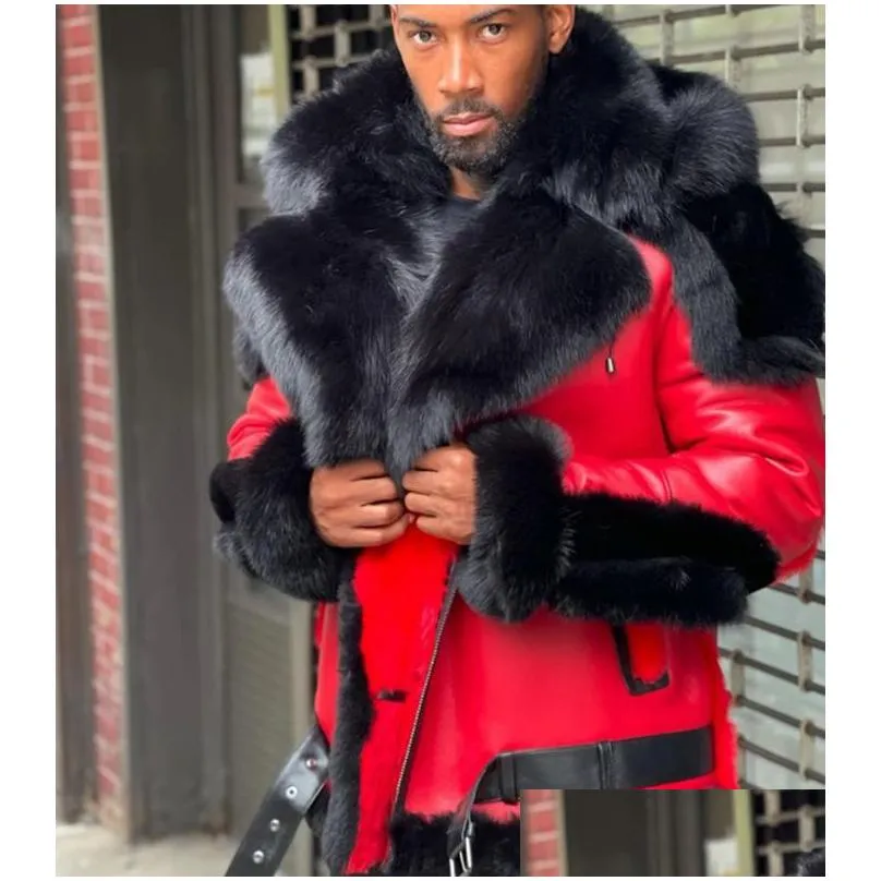 Men`S Leather & Faux Mens Jackets Winter Jacket Thicken Veet Fur Collar Hooded Zipper Color Block Work Fashion Red Drop Delivery Appar Dhaw6