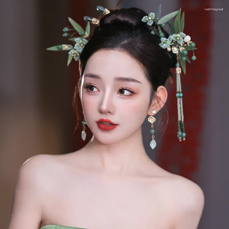 Hair Clips Chinese Bride Handmade Emerald Green Bamboo Leaf Han Costume Hairpins Wedding Accessories