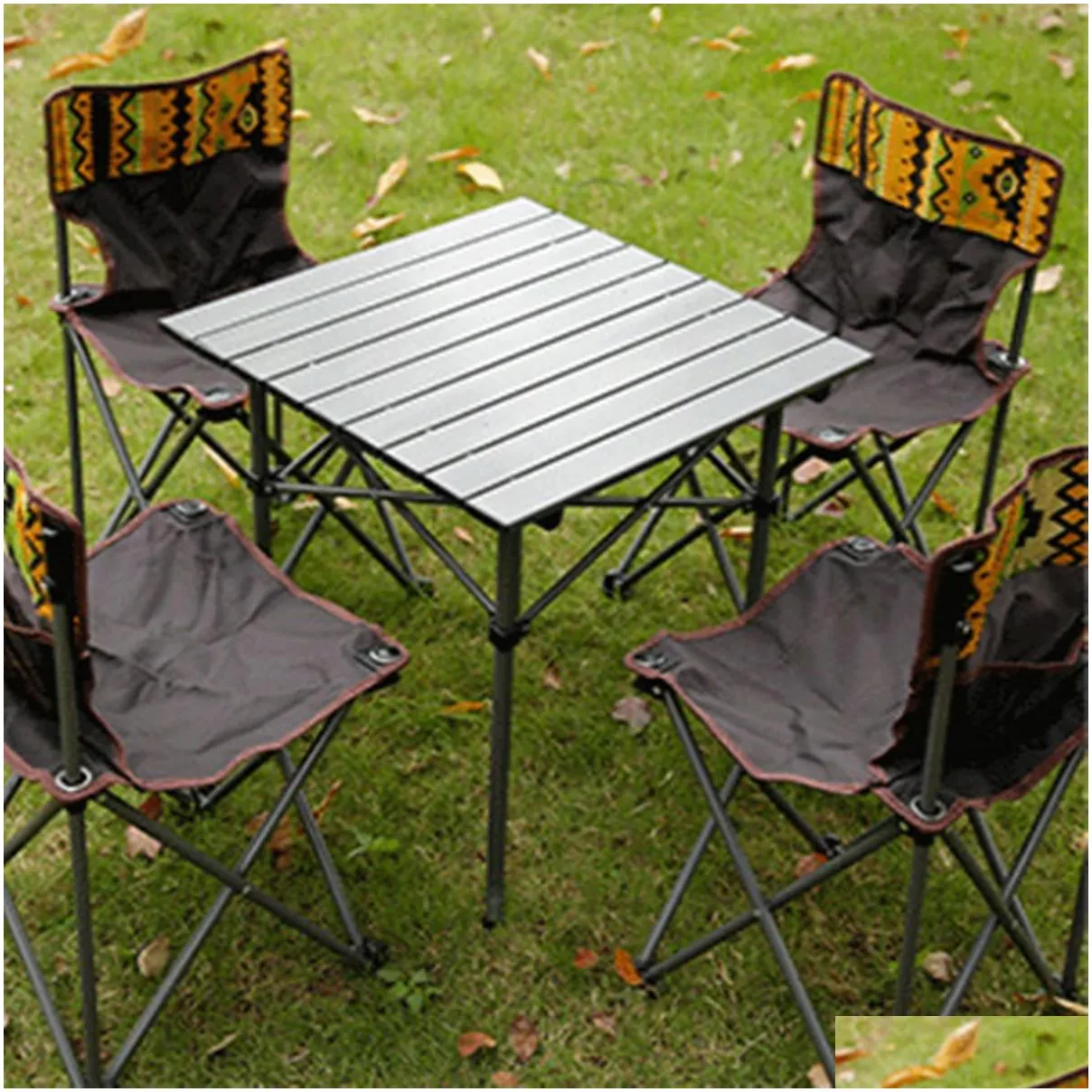 Aluminum frame and MDF tabletop metal folding table chairs for camping picnic BBQ prep with Folding Table Chair Stools Set