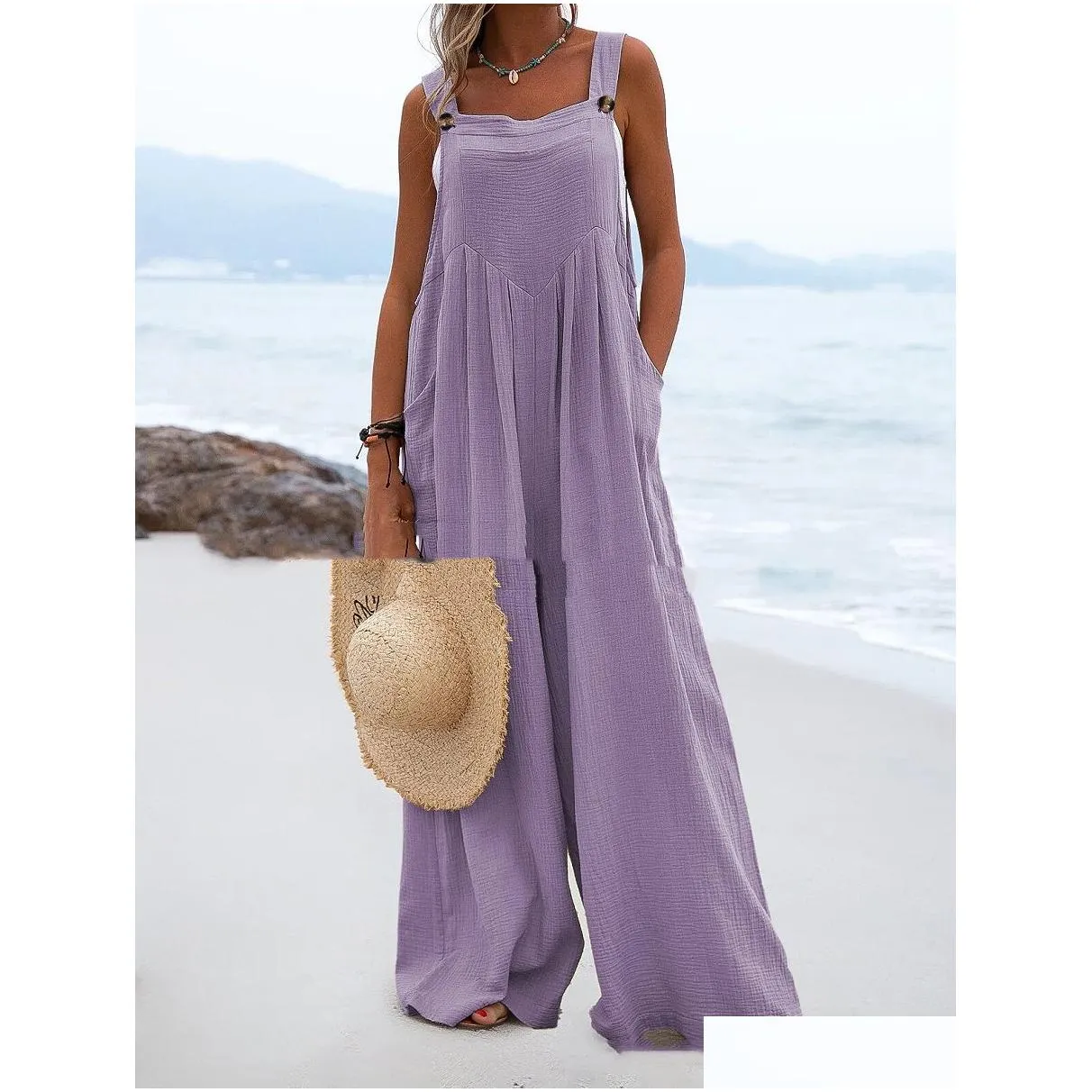 Women`S Jumpsuits & Rompers Designer New Woman Solid Strap Wide Leg Pants Pockets Romper Casual Summer Sleeveless Fashion Loose Dunga Dhkct