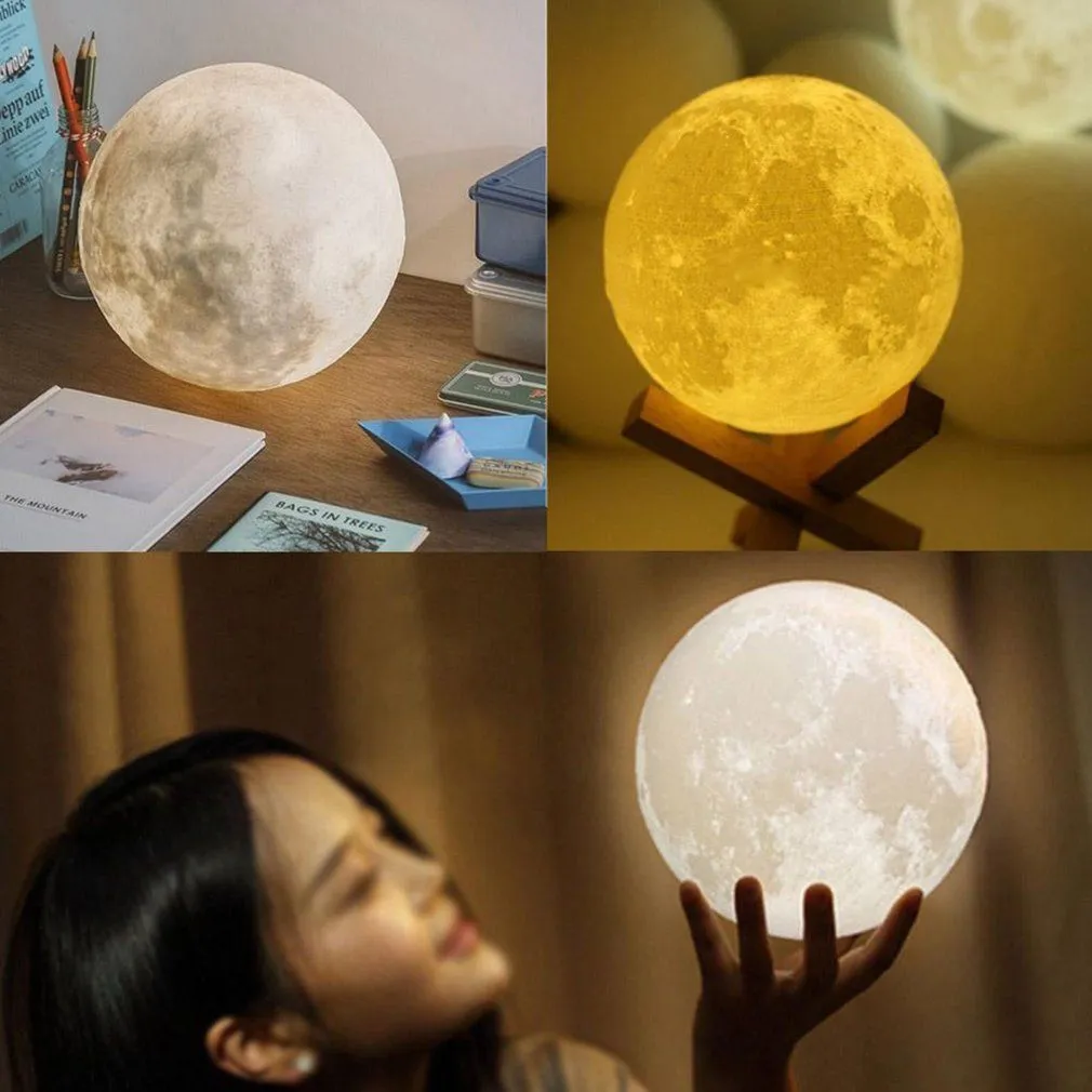 NEW Rechargeable 3D Printing Moon Lamp Light 2 Color Change Touch Switch Bedroom Bookcase Portable Light Home Decor Creative