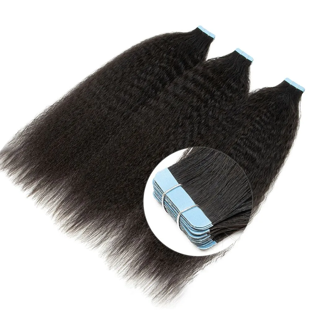 60 pcs Kinky Straight Tape In Human Hair Extensions For Women 14