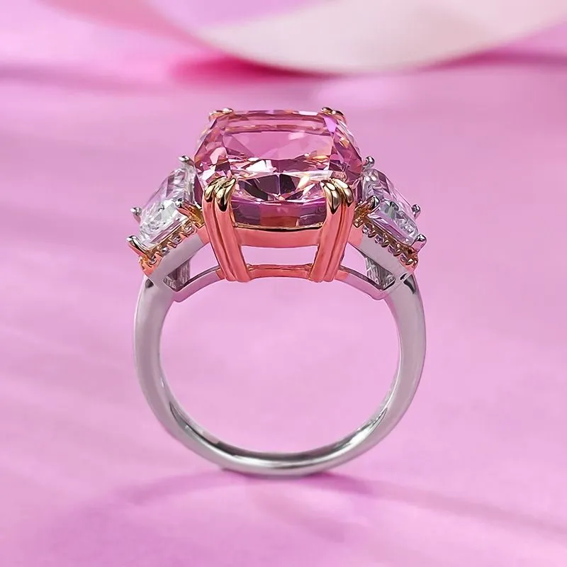 Luxury Cushion Cut 8ct Lab Pink Diamond Ring 100% Real 925 Sterling Silver Party Wedding Band Rings for Women Engagement Jewelry