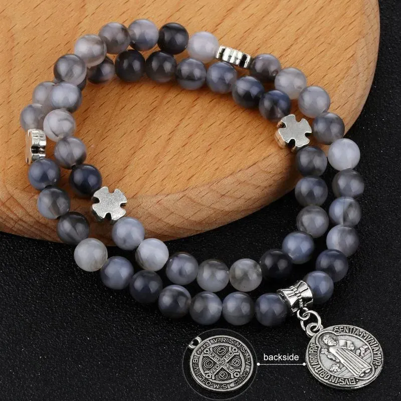 Strand Diyalo Black Gray Beads Elastic String Chain Bracelets Catholic Exorcism St. Benedict Cross Pendant Bracelet Women Men Jewelry