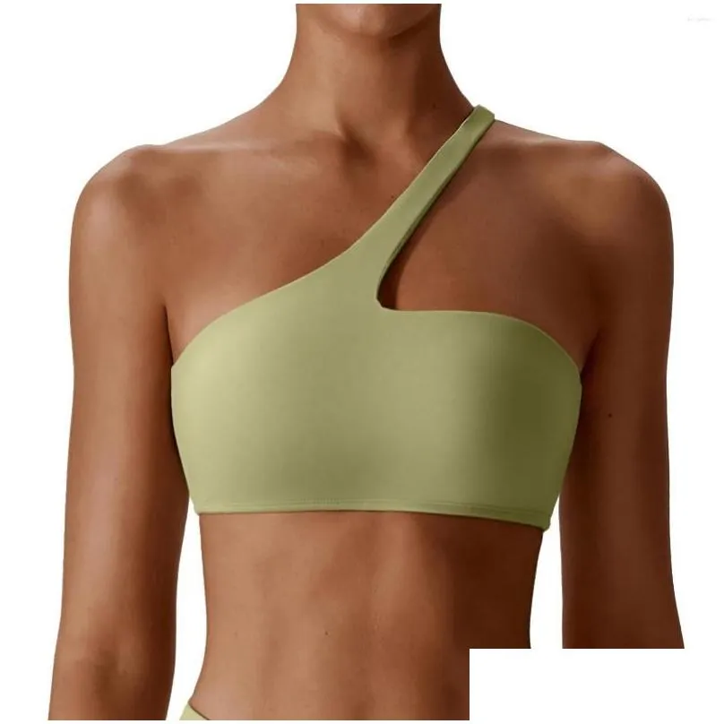 Yoga Outfit Women Soft Basic Quick Dry Compression Supportive Single Shoulder Sports Bra Sexy Solid Color Outdoor Workout Running