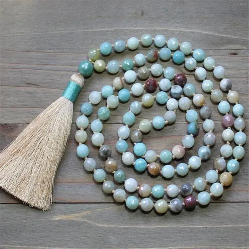 Pendants 8mm Natural Amazonite Gemstone 108 Beads Tassel Mala Necklace Bless Chakra Wristband Lucky Unisex Buddhism Healing