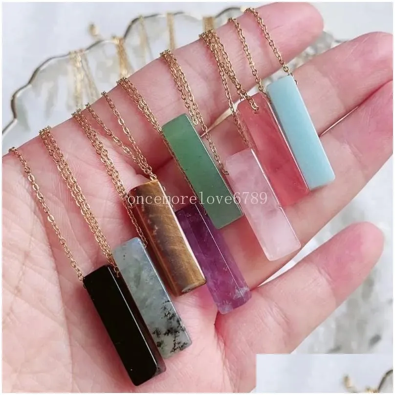 Small Stick Rectangle Tag Rose Quartz Crystal Choker Necklace for Women Blue Quartz Kyanite Green Malachite Purple Crystal Necklaces