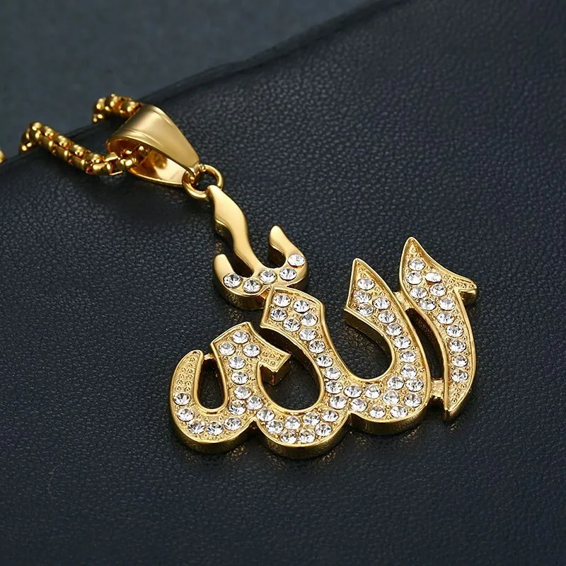 Hip Hop Bling Iced Out Rhinestones Gold Silver Color Stainless Steel Islam Muslim Pendant Necklace for Men Rapper Jewelry