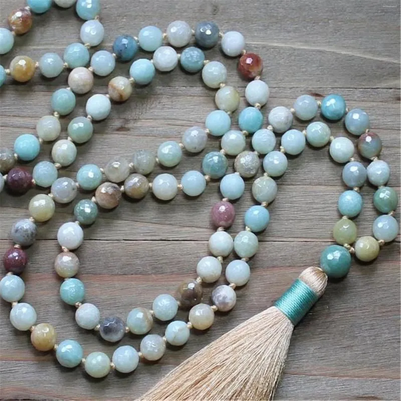 Pendants 8mm Natural Amazonite Gemstone 108 Beads Tassel Mala Necklace Bless Chakra Wristband Lucky Unisex Buddhism Healing