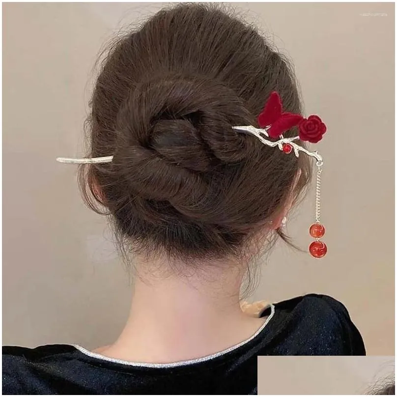 Hair Clips Flocked Butterfly Rose Stick Cheongsam Hanfu Sticks For Buns Chinese Red Headwear Flower Tassel Handmade Hairpin