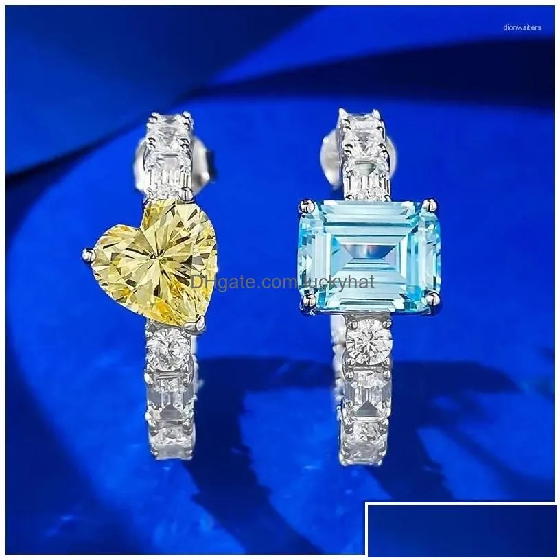 Stud Earrings 925 Sier European And American Style Bright Crystal Contrast Yellow Diamond Sea Blue Love Pair Drop Delivery Jewelry Dhpav