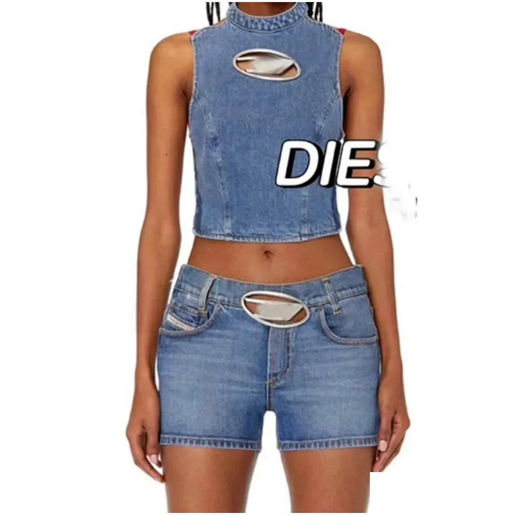 Two Piece Dress Y Women Denim Hollow Out Metal Hanging Neck Tank Top Large Open Back Strap Sleeveless Spicy Girl With Shorts Drop Del Dhbih