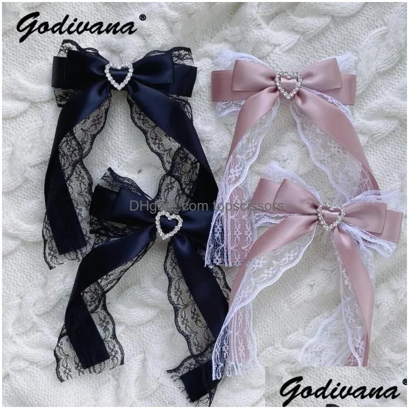 Hair Accessories Mine Japanese Style Bow Lace Love Heart-Shaped Hairpin Sweet Girls Side Clip Womens Rhinestone Brooch Hairclips Drop Dhom4