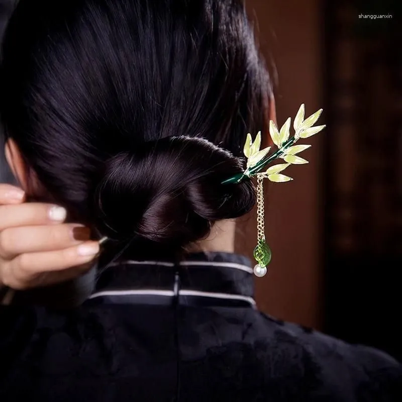 Hair Clips Green Bamboo Leaf Tassel Stick For Women Alloy Vintage Pin Elegant Chinese Style Accessories