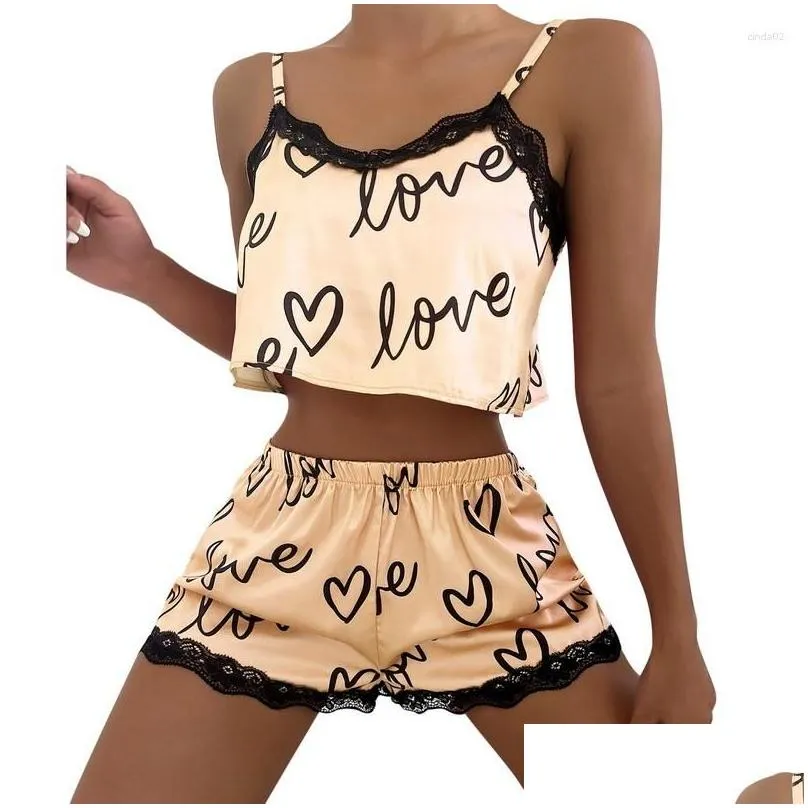 Women`S Sleepwear Womens Two Pieces Set Pajama Shorts Suit Print Underwear Pijama Y Lingerie Camisoles Tanks Nighty Ladies Drop Deliv Dhdbx