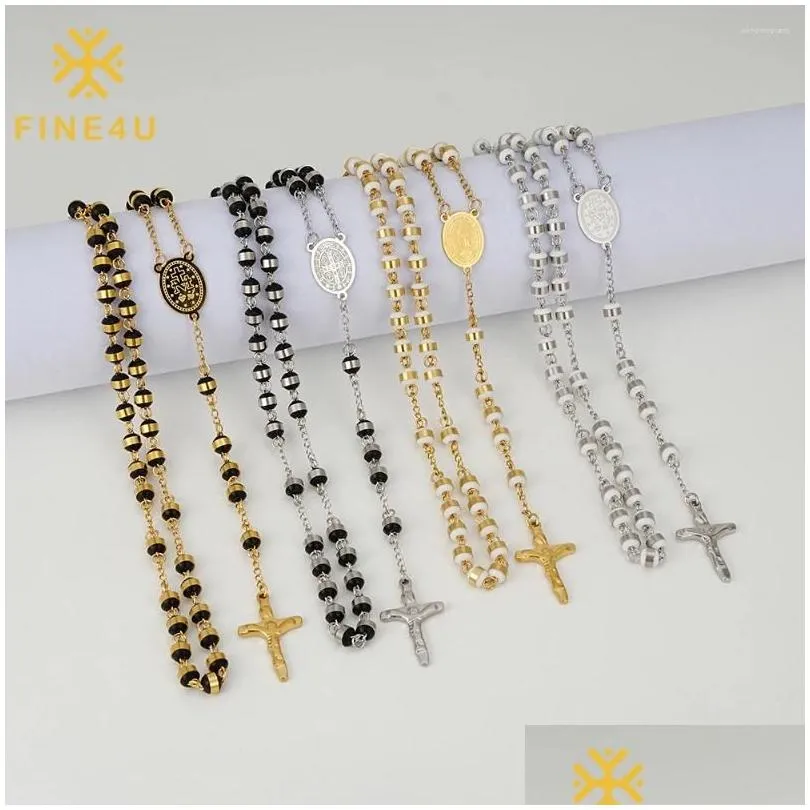 Pendant Necklaces Fine4U Stainless Steel Rosary White Black Beads Necklace Catholic With Metal Virgin Mary Jesus Crucifix Drop Deliv Ottu1