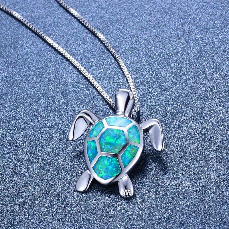 Boho Fashion Female Blue White Green Fire Opal Necklace 925 Sterling Silver Necklace Big Turtle Pendants Necklaces For Women