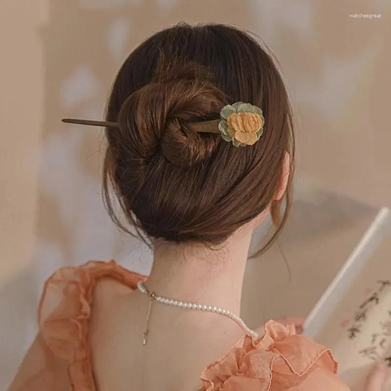 Hair Clips Camellia Wood Hairpin Stick Vintage Chinese Women`s Accessories Jewelry