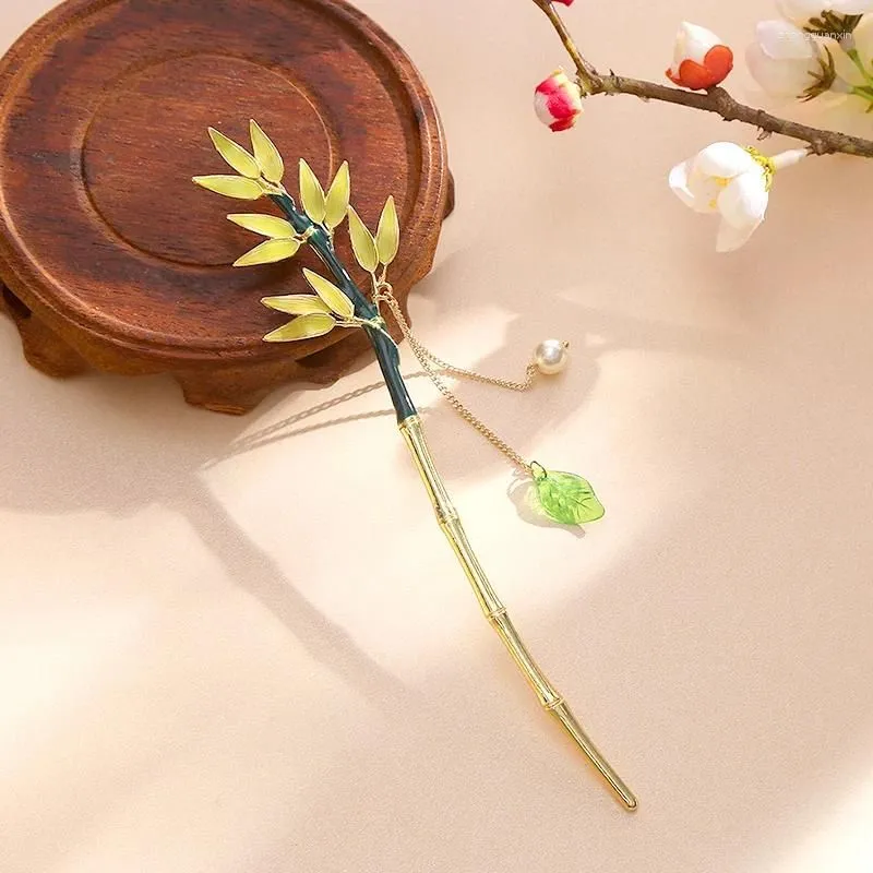 Hair Clips Green Bamboo Leaf Tassel Stick For Women Alloy Vintage Pin Elegant Chinese Style Accessories