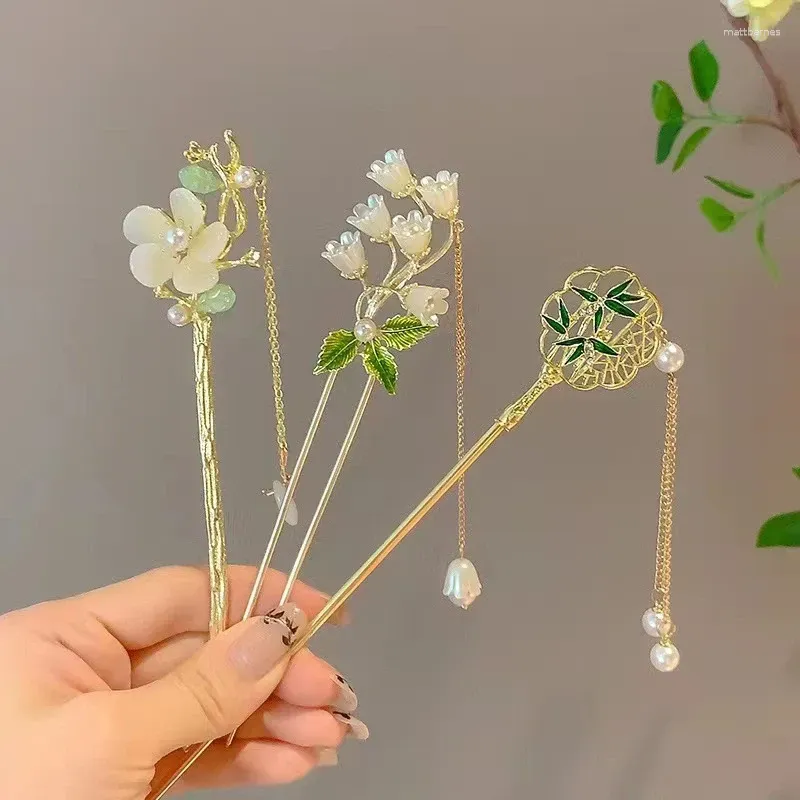 Hair Clips Pearl Tassel Step Shaking Hairpin Chopstick Stick Ancient Style Ornament Pan Headdress Flower Accessories